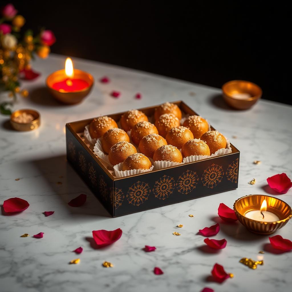 Ladoo box on Carrara marble with diyas and rose petals